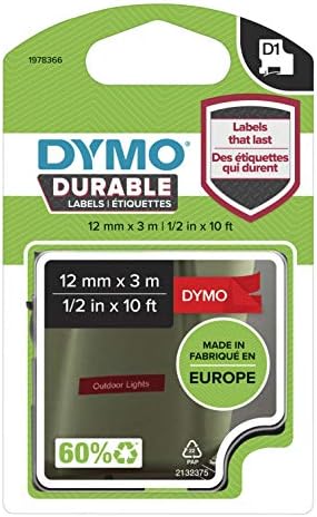 DYMO D1 עמיד תיוג הקלטת LabelManager תווית מקבלי לבן, הדפסה על סרט אדום, 1/2 W x 10' L, 1 מחסנית (1978366), DYMO אותנטי